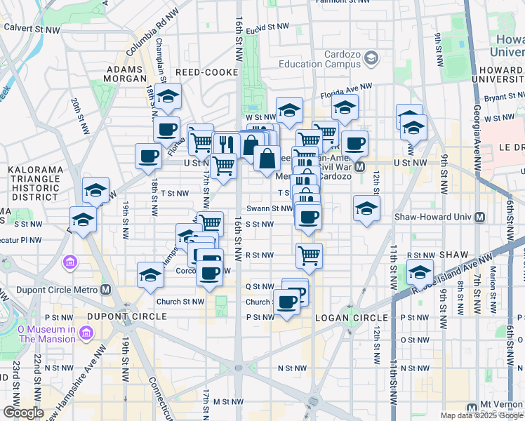 map of restaurants, bars, coffee shops, grocery stores, and more near 1508 Swann Street Northwest in Washington
