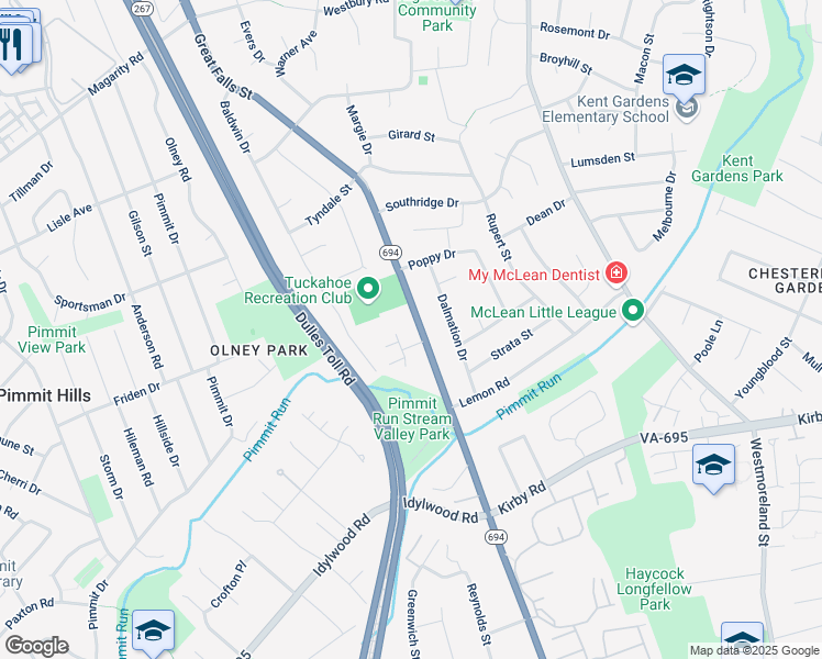 map of restaurants, bars, coffee shops, grocery stores, and more near 1830 Great Falls Street in McLean
