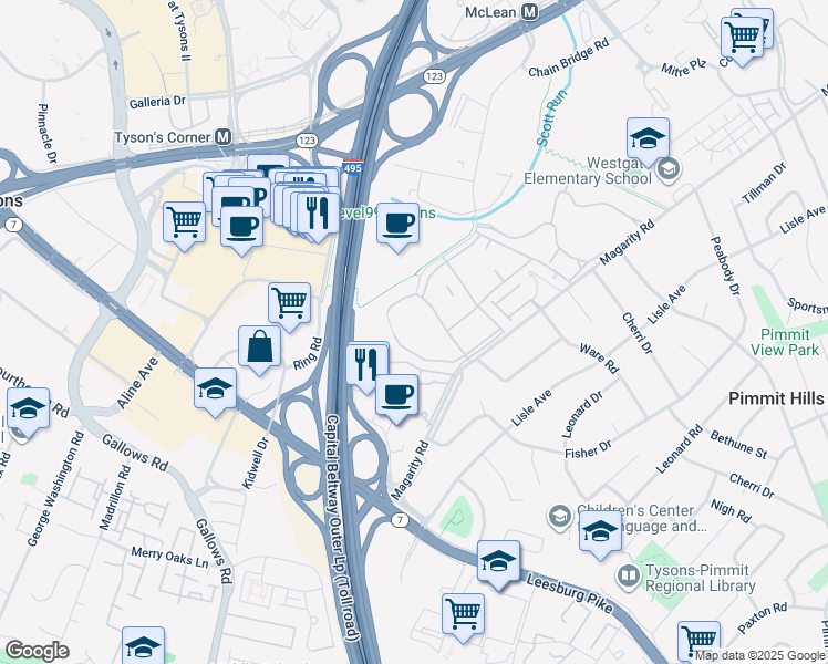 map of restaurants, bars, coffee shops, grocery stores, and more near 1923 Wilson Lane in McLean
