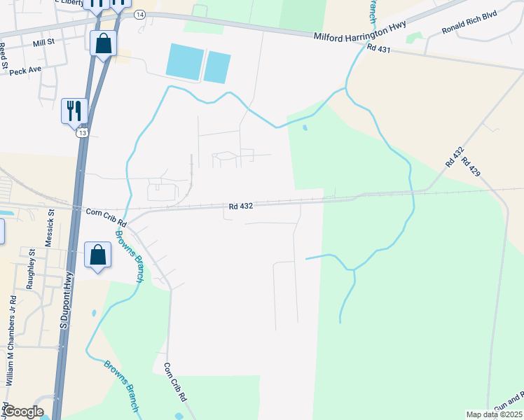 map of restaurants, bars, coffee shops, grocery stores, and more near 458 Road 432 in Harrington