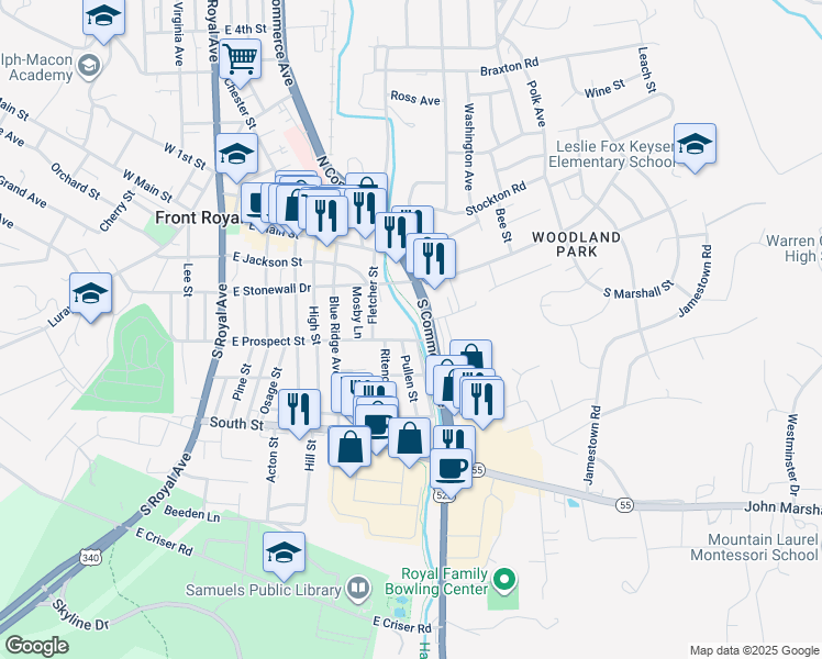 map of restaurants, bars, coffee shops, grocery stores, and more near 566 East Prospect Street in Front Royal