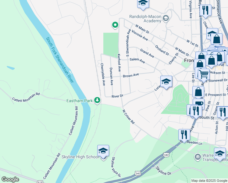 map of restaurants, bars, coffee shops, grocery stores, and more near 423 Duncan Avenue in Front Royal