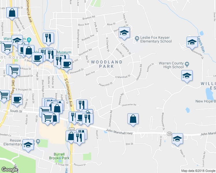 map of restaurants, bars, coffee shops, grocery stores, and more near 139 Pinecrest Street in Front Royal