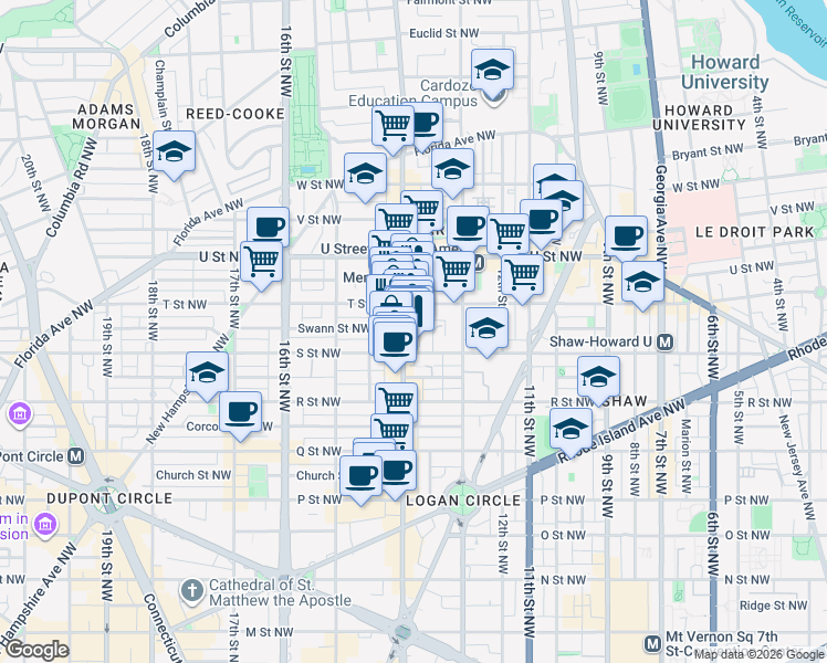 map of restaurants, bars, coffee shops, grocery stores, and more near 1821 14th Street Northwest in Washington