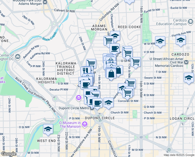 map of restaurants, bars, coffee shops, grocery stores, and more near 1816 19th Street Northwest in Washington