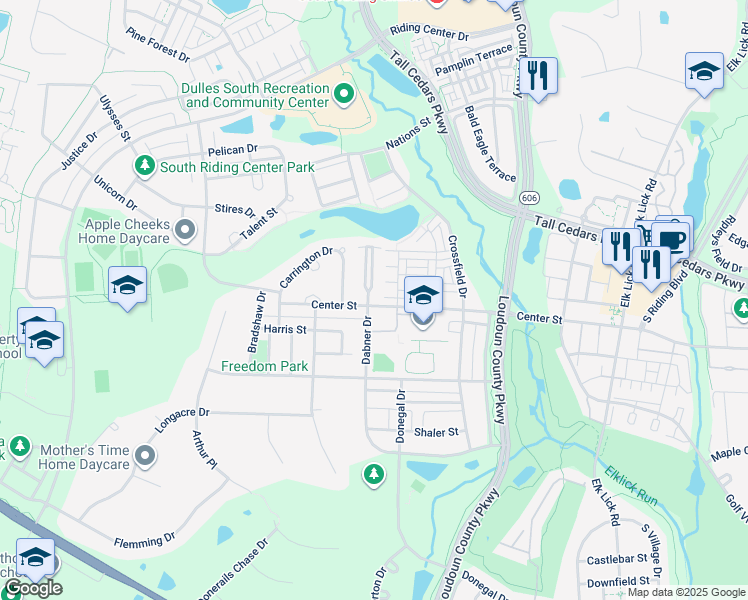 map of restaurants, bars, coffee shops, grocery stores, and more near 25378 McIntyre Square in Chantilly
