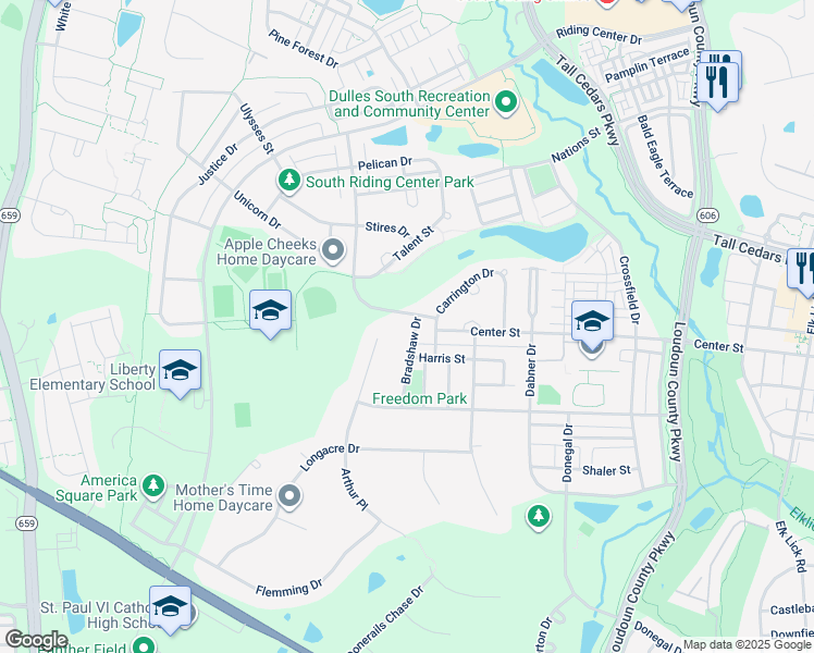 map of restaurants, bars, coffee shops, grocery stores, and more near 25405 Bradshaw Drive in Chantilly