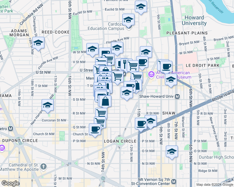 map of restaurants, bars, coffee shops, grocery stores, and more near 1820 13th Street Northwest in Washington