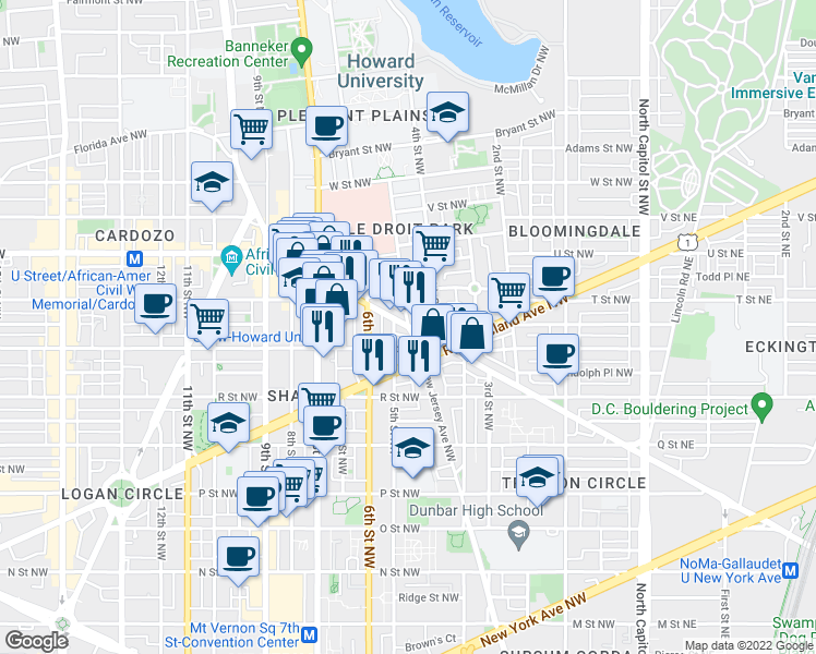 map of restaurants, bars, coffee shops, grocery stores, and more near Florida Ave NW & 5th St NW in Washington
