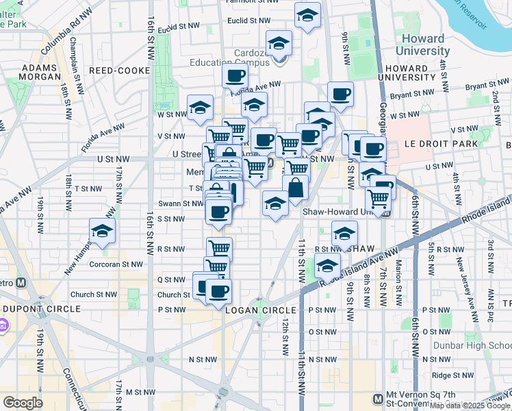 map of restaurants, bars, coffee shops, grocery stores, and more near 1820 13th Street Northwest in Washington