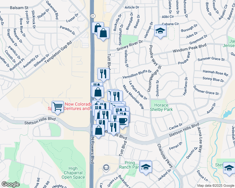 map of restaurants, bars, coffee shops, grocery stores, and more near 5642 Vermillion Bluffs Drive in Colorado Springs