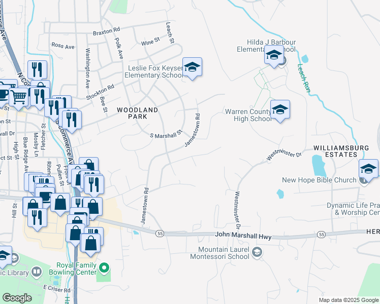 map of restaurants, bars, coffee shops, grocery stores, and more near 215 Henrico Road in Front Royal