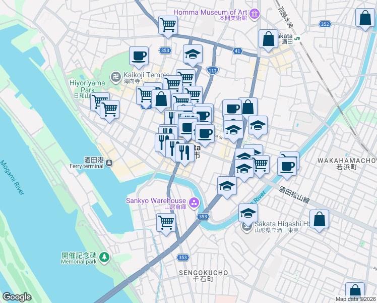 map of restaurants, bars, coffee shops, grocery stores, and more near in Sakata