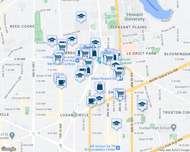 map of restaurants, bars, coffee shops, grocery stores, and more near 1824 10th Street Northwest in Washington
