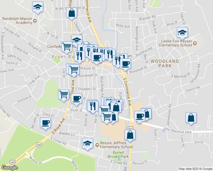map of restaurants, bars, coffee shops, grocery stores, and more near 223 Mosby Lane in Front Royal