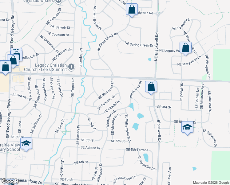 map of restaurants, bars, coffee shops, grocery stores, and more near 208 Southeast Sumpter Drive in Lee's Summit