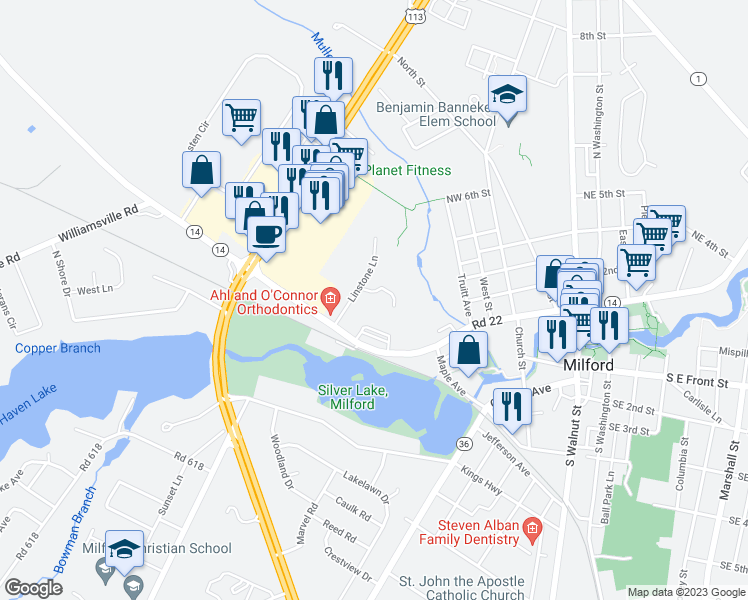 map of restaurants, bars, coffee shops, grocery stores, and more near 400 Valley Drive in Milford