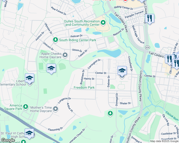 map of restaurants, bars, coffee shops, grocery stores, and more near 25409 Carrington Drive in Chantilly