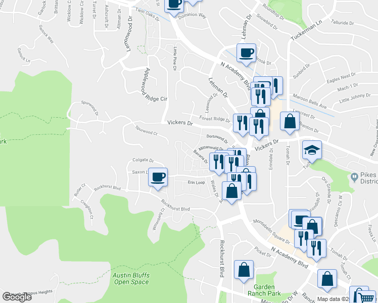 map of restaurants, bars, coffee shops, grocery stores, and more near 5702 Appalachian View in Colorado Springs