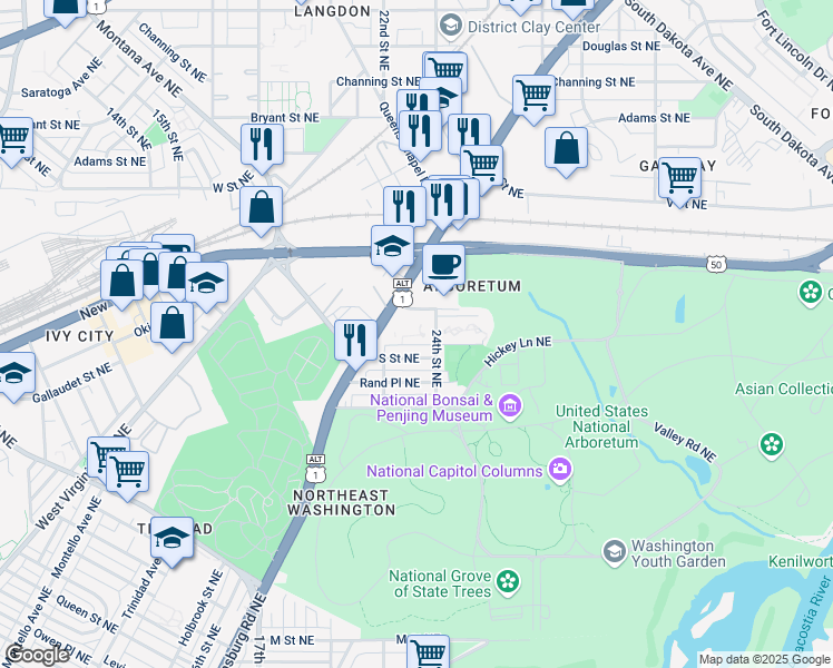 map of restaurants, bars, coffee shops, grocery stores, and more near 101 Independence Avenue Southeast in Washington
