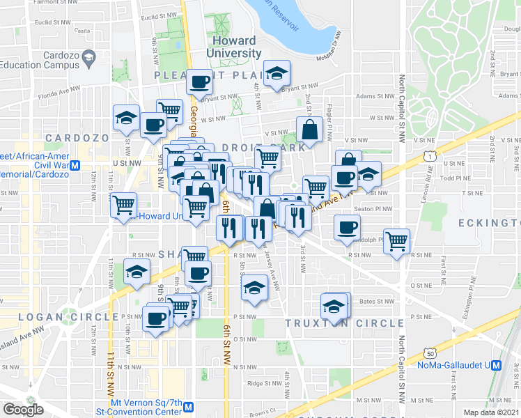 map of restaurants, bars, coffee shops, grocery stores, and more near 101 Independence Avenue Southeast in Washington