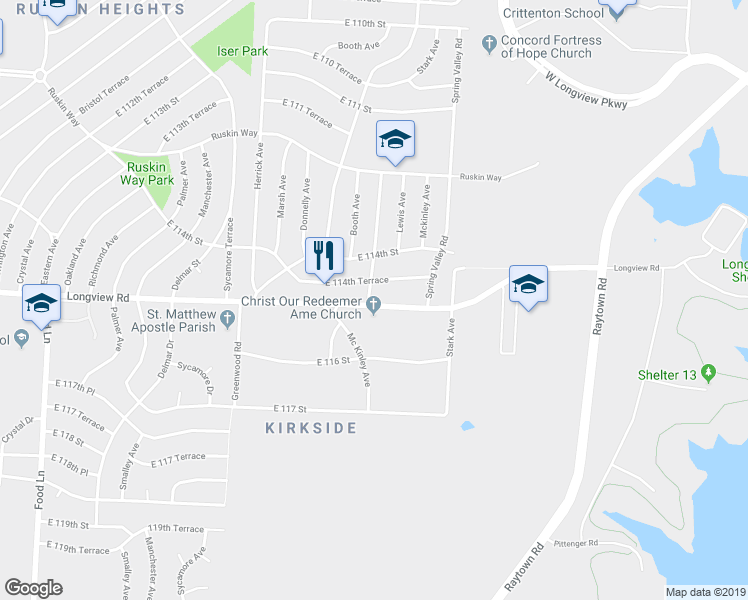 map of restaurants, bars, coffee shops, grocery stores, and more near 8615 Longview Road in Kansas City