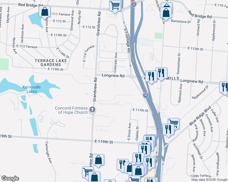 map of restaurants, bars, coffee shops, grocery stores, and more near 11525 Norby Road in Kansas City