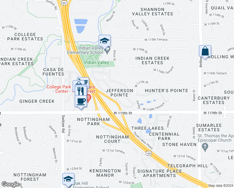 map of restaurants, bars, coffee shops, grocery stores, and more near 10044 West 118th Terrace in Overland Park