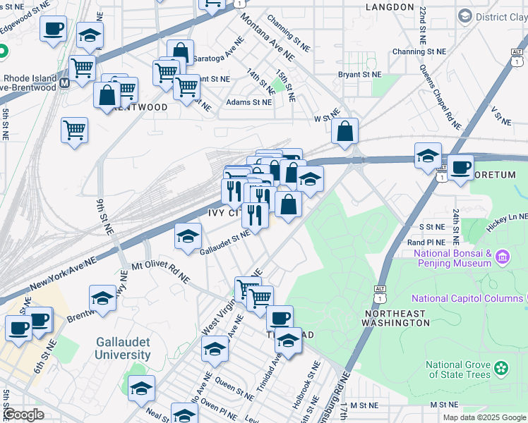 map of restaurants, bars, coffee shops, grocery stores, and more near 1408 Okie Street Northeast in Washington