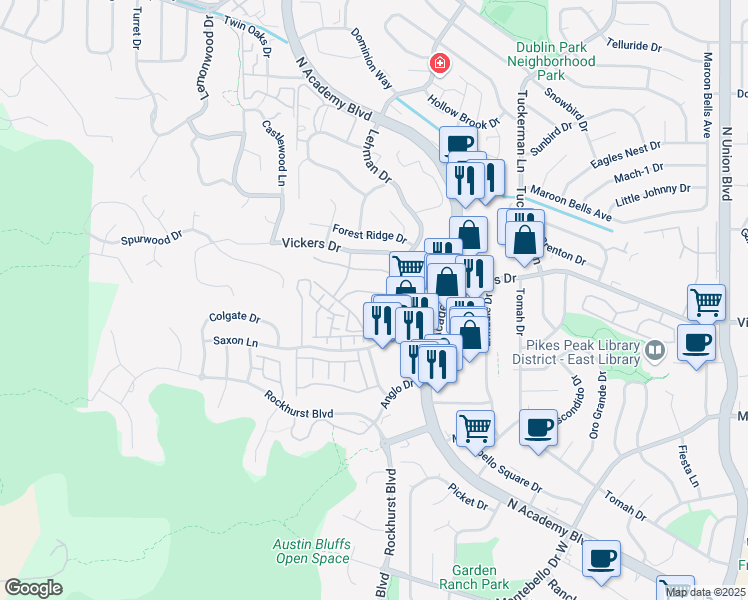 map of restaurants, bars, coffee shops, grocery stores, and more near 1985 Mittenwald Drive in Colorado Springs