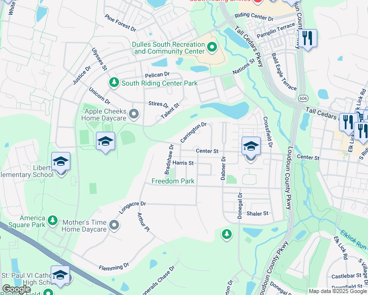 map of restaurants, bars, coffee shops, grocery stores, and more near 25409 Carrington Drive in Chantilly