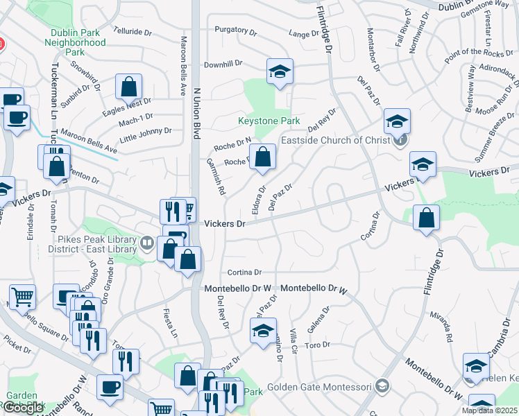 map of restaurants, bars, coffee shops, grocery stores, and more near 5735 Eldora Drive in Colorado Springs