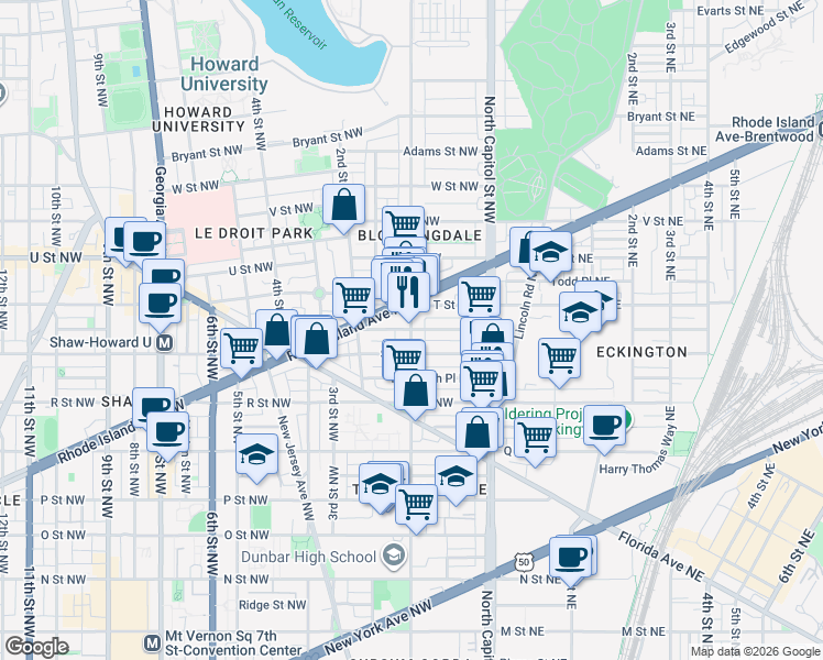 map of restaurants, bars, coffee shops, grocery stores, and more near 1st St NW & Seaton Pl NW in Washington