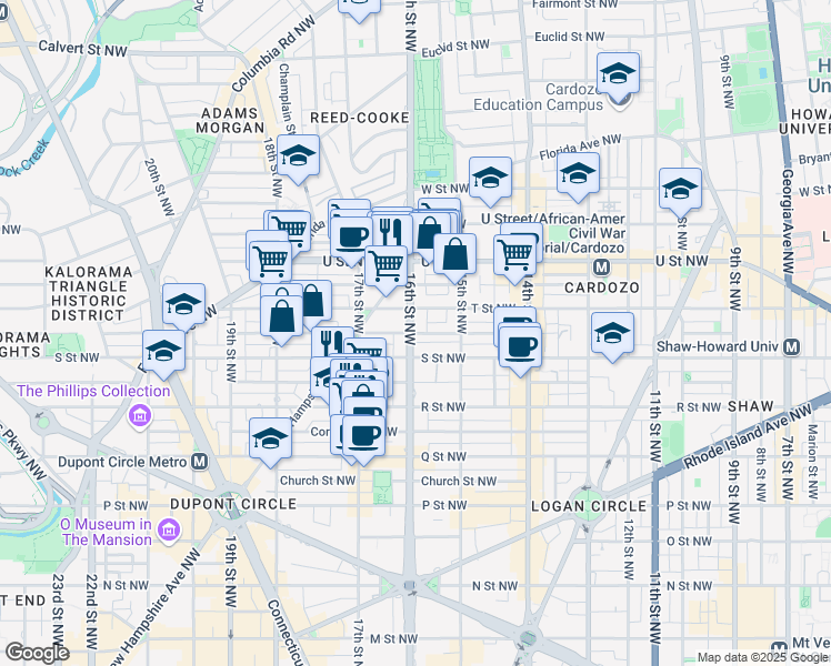 map of restaurants, bars, coffee shops, grocery stores, and more near 1821 16th Street Northwest in Washington