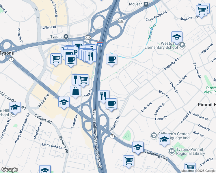 map of restaurants, bars, coffee shops, grocery stores, and more near 1904 Wilson Lane in McLean