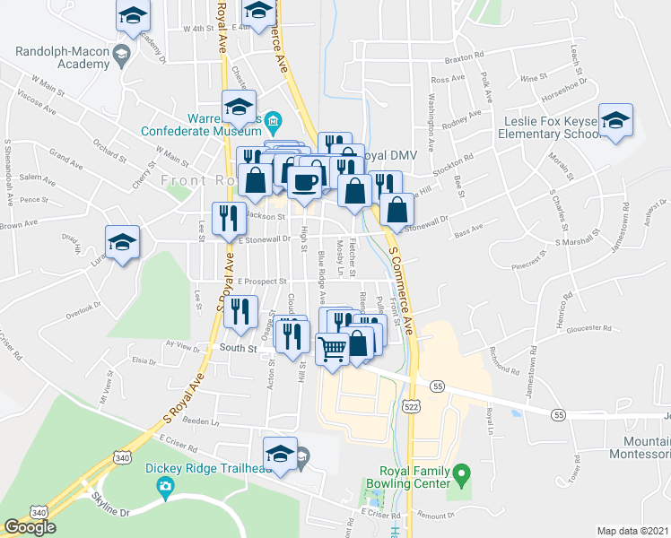 map of restaurants, bars, coffee shops, grocery stores, and more near 223 Mosby Lane in Front Royal
