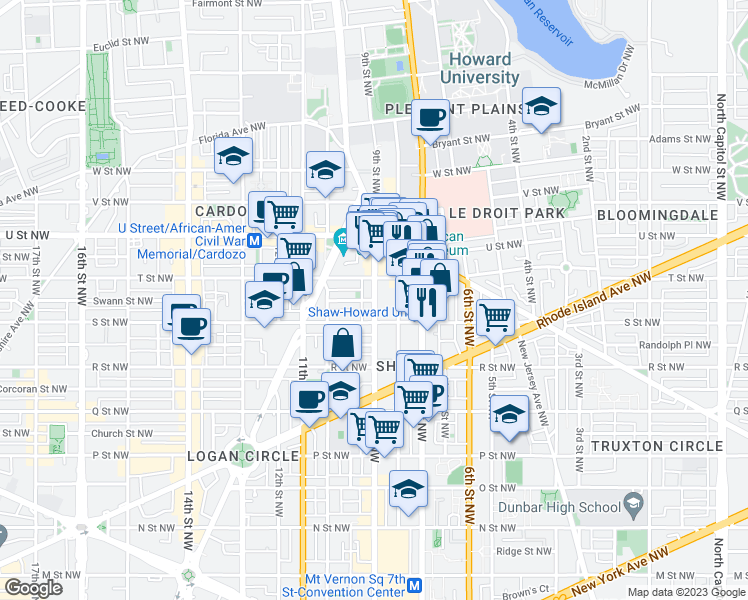 map of restaurants, bars, coffee shops, grocery stores, and more near 9th St NW & Westminster St NW in Washington