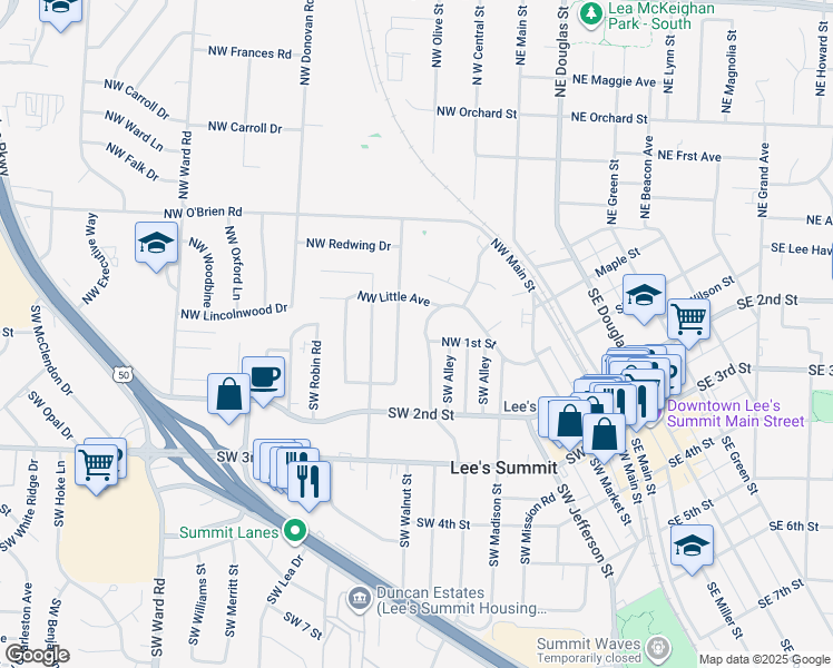 map of restaurants, bars, coffee shops, grocery stores, and more near 101 Southwest Walnut Street in Lee's Summit
