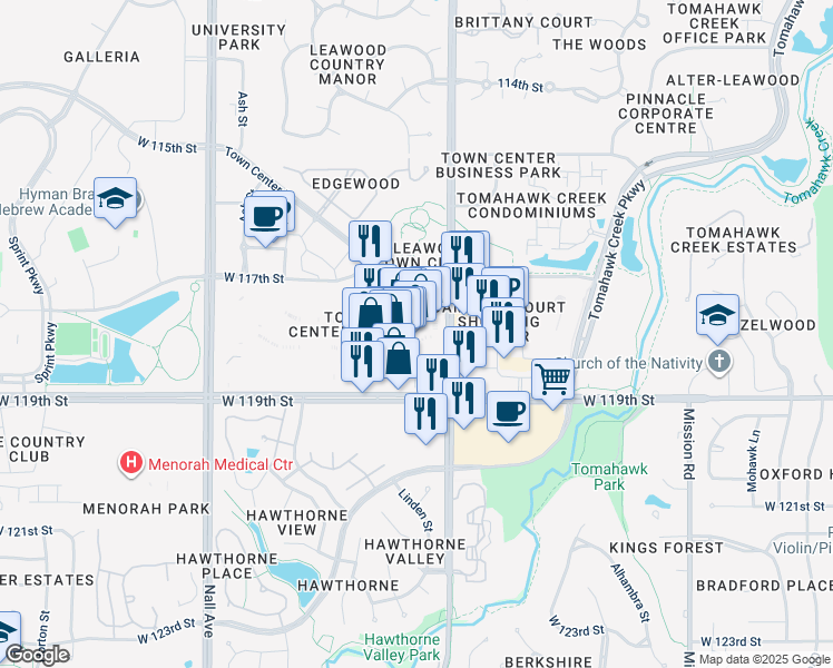 map of restaurants, bars, coffee shops, grocery stores, and more near in Leawood