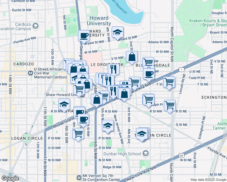 map of restaurants, bars, coffee shops, grocery stores, and more near 1814 4th Street Northwest in Washington