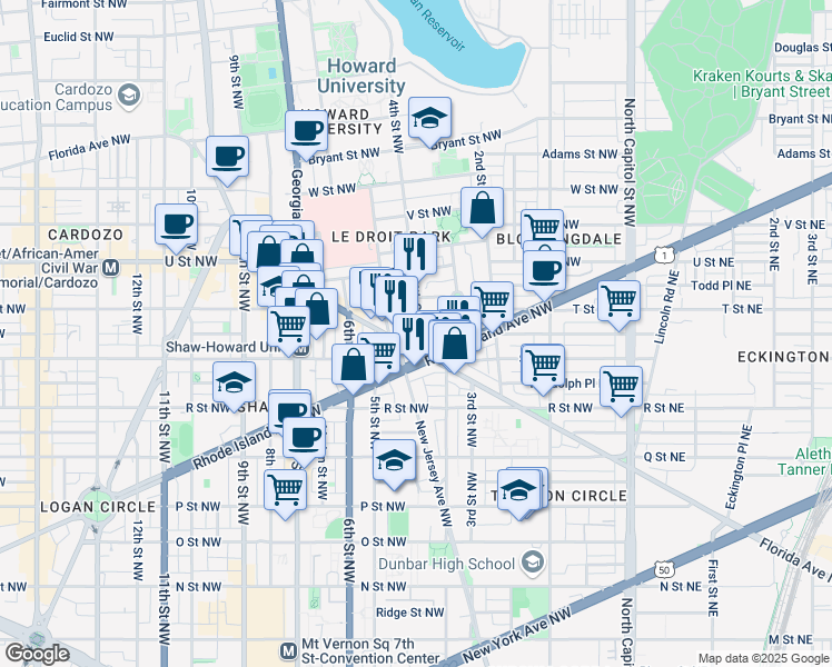 map of restaurants, bars, coffee shops, grocery stores, and more near 1814 4th Street Northwest in Washington