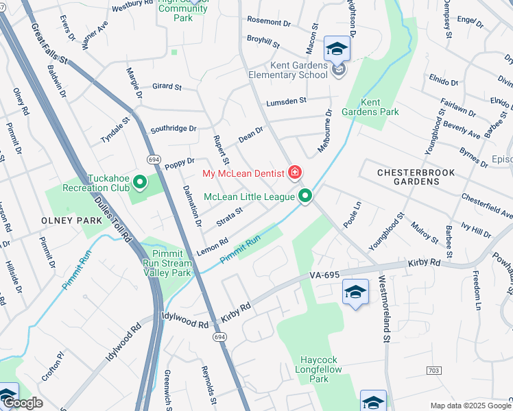 map of restaurants, bars, coffee shops, grocery stores, and more near 6841 Strata Street in McLean