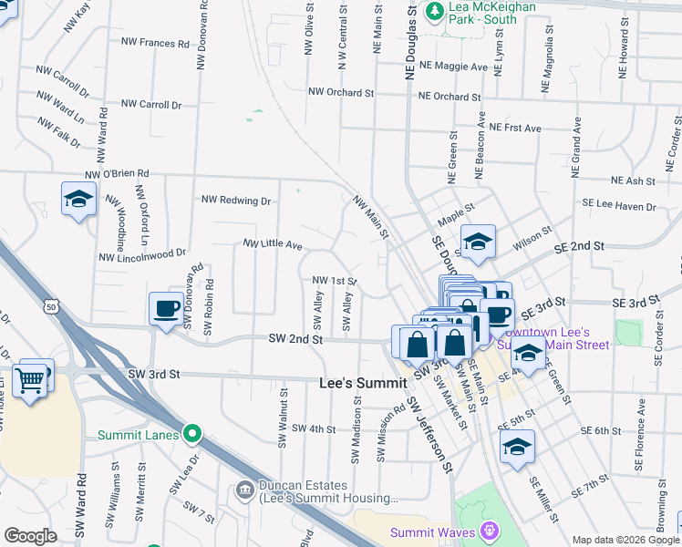 map of restaurants, bars, coffee shops, grocery stores, and more near 98 Northwest 1st Street in Lee's Summit