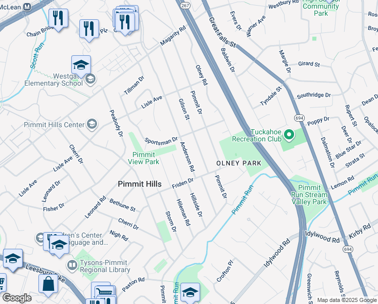 map of restaurants, bars, coffee shops, grocery stores, and more near 1901 Anderson Road in Falls Church