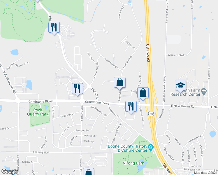 map of restaurants, bars, coffee shops, grocery stores, and more near 3105 Bluff Creek Drive in Columbia
