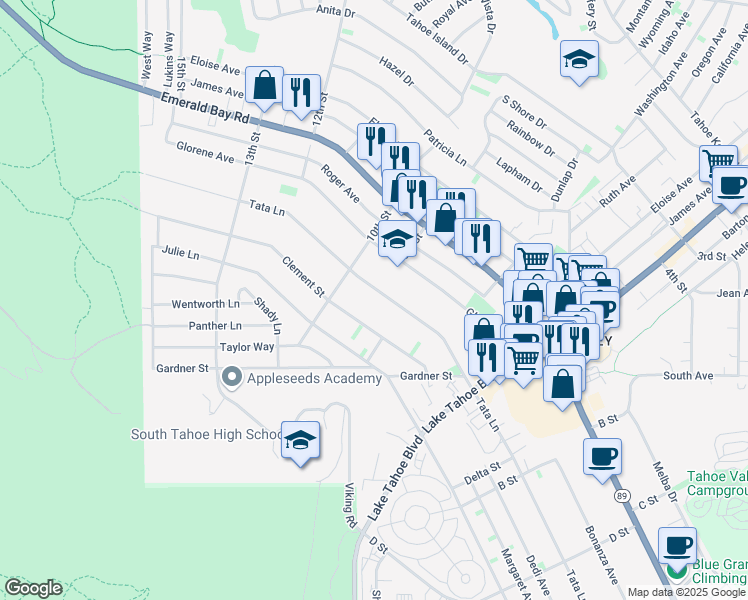 map of restaurants, bars, coffee shops, grocery stores, and more near 860 Tata Lane in South Lake Tahoe
