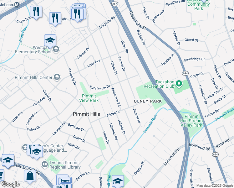 map of restaurants, bars, coffee shops, grocery stores, and more near 1901 Anderson Road in Falls Church