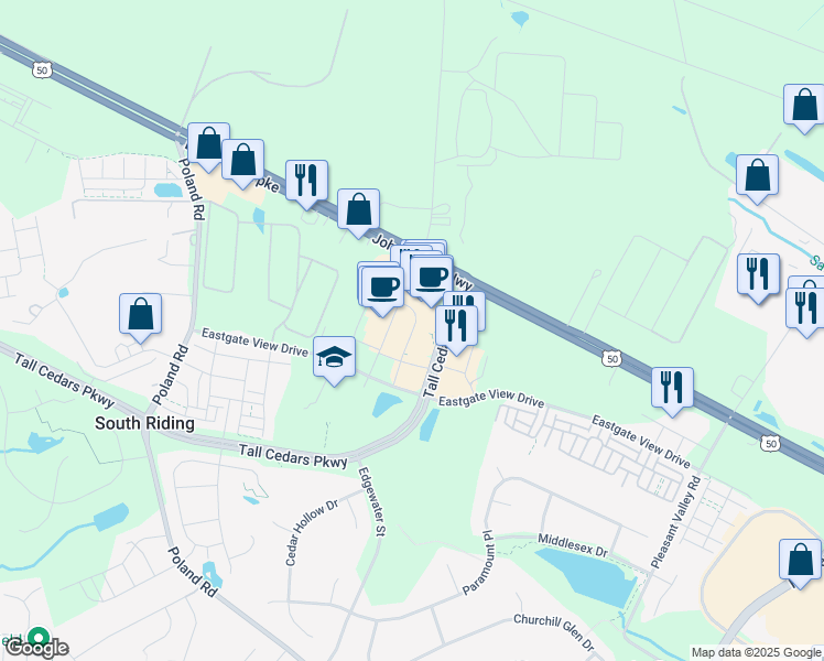 map of restaurants, bars, coffee shops, grocery stores, and more near 25420 Eastern Marketplace Plaza in Chantilly