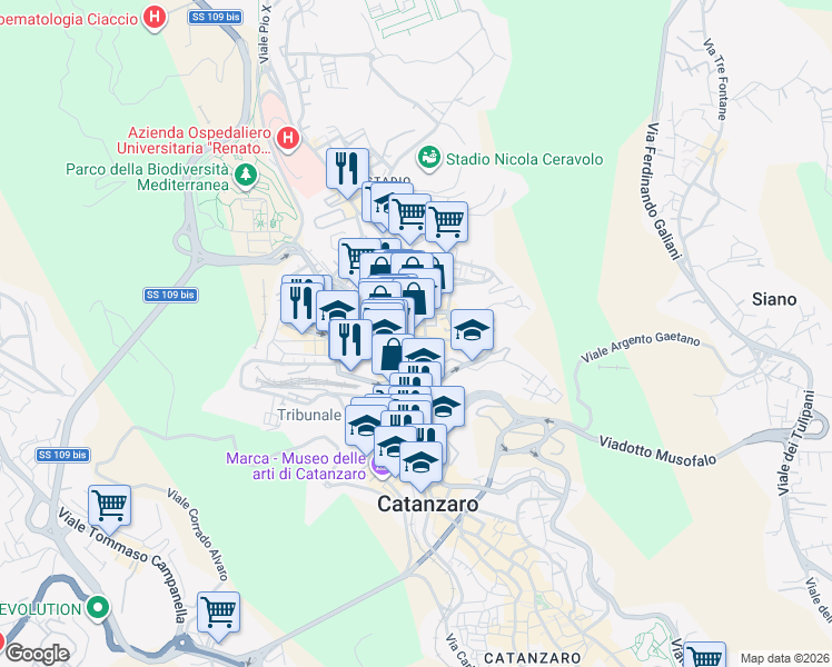 map of restaurants, bars, coffee shops, grocery stores, and more near 45 Via Alcide de Gasperi in Catanzaro