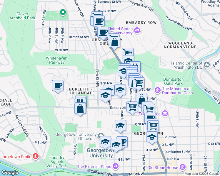 map of restaurants, bars, coffee shops, grocery stores, and more near 1809 36th Street Northwest in Washington